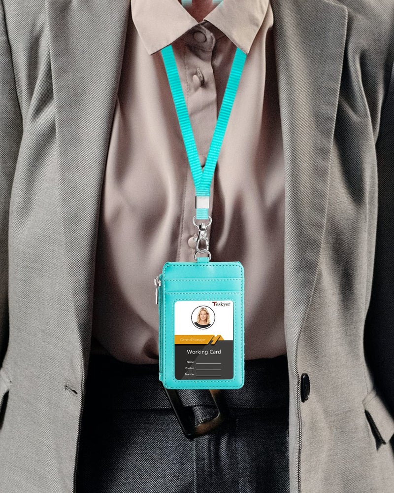 Teskyer Badge Holder with Side Zip Pocket, Multiple Card Slots Leather ID Holder Wallet with Neck Lanyard for Office Staffs, Teachers/Students, Couriers, Workers, Cyan - Image 2